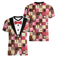 Christmas Patchwork Fake Tuxedo Women V-Neck T-Shirt Santa and Reindeer Pink Plaid Style - Wonder Print Shop