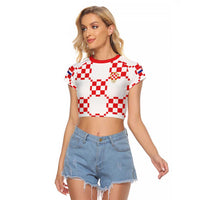 Custom World Football 2026 Croatia Raglan Cropped T Shirt Hrvatska Checkerboard Style - Wonder Print Shop