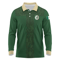 Mis Raices Mexico Football Custom Long Sleeve Polo Shirt Aztec Calendar Line Art