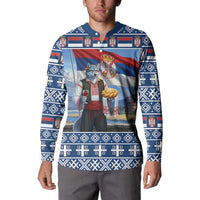 Serbia Christmas Wolf Button Sweatshirt Vuk Serbian Mascot - Wonder Print Shop