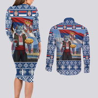Serbia Christmas Wolf Couples Matching Long Sleeve Bodycon Dress and Long Sleeve Button Shirt Vuk Serbian Mascot - Wonder Print Shop