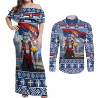 Serbia Christmas Wolf Couples Matching Off Shoulder Maxi Dress and Long Sleeve Button Shirt Vuk Serbian Mascot - Wonder Print Shop