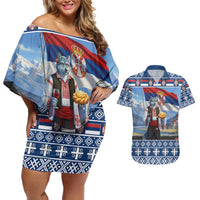 Serbia Christmas Wolf Couples Matching Off Shoulder Short Dress and Hawaiian Shirt Vuk Serbian Mascot - Wonder Print Shop