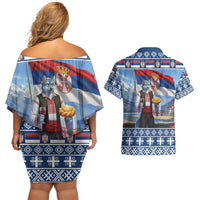 Serbia Christmas Wolf Couples Matching Off Shoulder Short Dress and Hawaiian Shirt Vuk Serbian Mascot - Wonder Print Shop