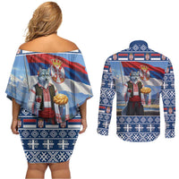 Serbia Christmas Wolf Couples Matching Off Shoulder Short Dress and Long Sleeve Button Shirt Vuk Serbian Mascot - Wonder Print Shop
