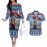 Serbia Christmas Wolf Couples Matching Off The Shoulder Long Sleeve Dress and Hawaiian Shirt Vuk Serbian Mascot - Wonder Print Shop