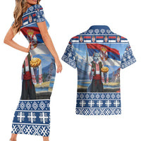 Serbia Christmas Wolf Couples Matching Short Sleeve Bodycon Dress and Hawaiian Shirt Vuk Serbian Mascot - Wonder Print Shop