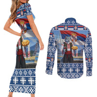 Serbia Christmas Wolf Couples Matching Short Sleeve Bodycon Dress and Long Sleeve Button Shirt Vuk Serbian Mascot - Wonder Print Shop