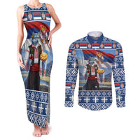 Serbia Christmas Wolf Couples Matching Tank Maxi Dress and Long Sleeve Button Shirt Vuk Serbian Mascot - Wonder Print Shop