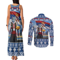 Serbia Christmas Wolf Couples Matching Tank Maxi Dress and Long Sleeve Button Shirt Vuk Serbian Mascot - Wonder Print Shop