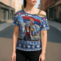 Serbia Christmas Wolf Cross Shoulder Shirt Vuk Serbian Mascot - Wonder Print Shop