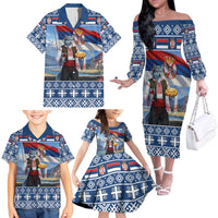 Serbia Christmas Wolf Family Matching Off The Shoulder Long Sleeve Dress and Hawaiian Shirt Vuk Serbian Mascot - Wonder Print Shop