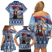 Serbia Christmas Wolf Family Matching Off Shoulder Short Dress and Hawaiian Shirt Vuk Serbian Mascot - Wonder Print Shop