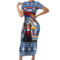 Serbia Christmas Wolf Family Matching Short Sleeve Bodycon Dress and Hawaiian Shirt Vuk Serbian Mascot - Wonder Print Shop