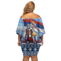 Serbia Christmas Wolf Off Shoulder Short Dress Vuk Serbian Mascot - Wonder Print Shop
