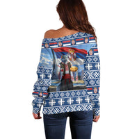 Serbia Christmas Wolf Off Shoulder Sweater Vuk Serbian Mascot - Wonder Print Shop