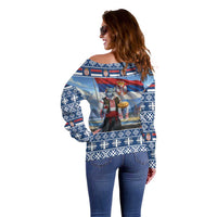 Serbia Christmas Wolf Off Shoulder Sweater Vuk Serbian Mascot - Wonder Print Shop