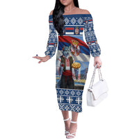 Serbia Christmas Wolf Off The Shoulder Long Sleeve Dress Vuk Serbian Mascot - Wonder Print Shop
