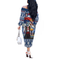 Serbia Christmas Wolf Off The Shoulder Long Sleeve Dress Vuk Serbian Mascot - Wonder Print Shop
