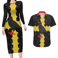 Custom Flintshire Wales Couples Matching Long Sleeve Bodycon Dress and Hawaiian Shirt Coat Of Arms with Heraldic Flag - Wonder Print Shop