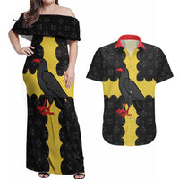 Custom Flintshire Wales Couples Matching Off Shoulder Maxi Dress and Hawaiian Shirt Coat Of Arms with Heraldic Flag - Wonder Print Shop