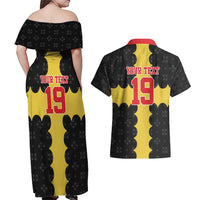 Custom Flintshire Wales Couples Matching Off Shoulder Maxi Dress and Hawaiian Shirt Coat Of Arms with Heraldic Flag - Wonder Print Shop