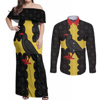 Custom Flintshire Wales Couples Matching Off Shoulder Maxi Dress and Long Sleeve Button Shirt Coat Of Arms with Heraldic Flag - Wonder Print Shop