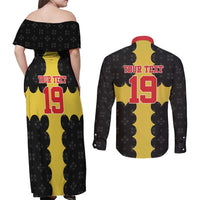 Custom Flintshire Wales Couples Matching Off Shoulder Maxi Dress and Long Sleeve Button Shirt Coat Of Arms with Heraldic Flag - Wonder Print Shop