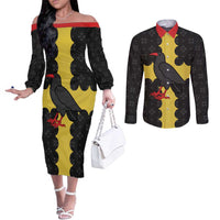 Custom Flintshire Wales Couples Matching Off The Shoulder Long Sleeve Dress and Long Sleeve Button Shirt Coat Of Arms with Heraldic Flag - Wonder Print Shop