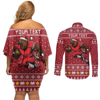 Personalized Radnorshire Wales Christmas Couples Matching Off Shoulder Short Dress and Long Sleeve Button Shirt Red-Tailed Hawk Rugby - Wonder Print Shop