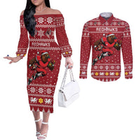 Personalized Radnorshire Wales Christmas Couples Matching Off The Shoulder Long Sleeve Dress and Long Sleeve Button Shirt Red-Tailed Hawk Rugby - Wonder Print Shop