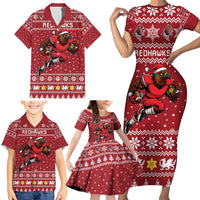Personalized Radnorshire Wales Christmas Family Matching Short Sleeve Bodycon Dress and Hawaiian Shirt Red-Tailed Hawk Rugby - Wonder Print Shop