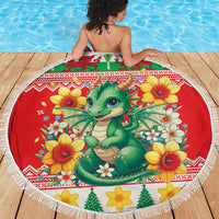 Wales Christmas Beach Blanket Cute Green Welsh Dragon and Daffodils - Wonder Print Shop