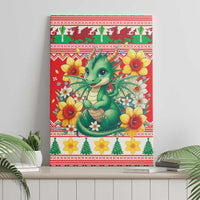 Wales Christmas Canvas Wall Art Cute Green Welsh Dragon and Daffodils - Wonder Print Shop
