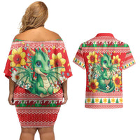 Wales Christmas Couples Matching Off Shoulder Short Dress and Hawaiian Shirt Cute Green Welsh Dragon and Daffodils - Wonder Print Shop