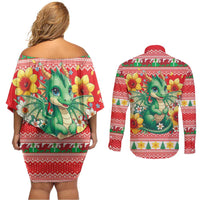 Wales Christmas Couples Matching Off Shoulder Short Dress and Long Sleeve Button Shirt Cute Green Welsh Dragon and Daffodils - Wonder Print Shop