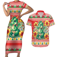 Wales Christmas Couples Matching Short Sleeve Bodycon Dress and Hawaiian Shirt Cute Green Welsh Dragon and Daffodils - Wonder Print Shop