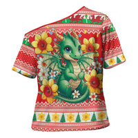 Wales Christmas Cross Shoulder Shirt Cute Green Welsh Dragon and Daffodils - Wonder Print Shop