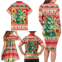 Wales Christmas Family Matching Long Sleeve Bodycon Dress and Hawaiian Shirt Cute Green Welsh Dragon and Daffodils - Wonder Print Shop