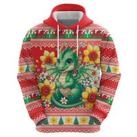 Wales Christmas Hoodie Cute Green Welsh Dragon and Daffodils - Wonder Print Shop