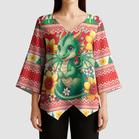 Wales Christmas Kimono Sleeve Blouse Cute Green Welsh Dragon and Daffodils - Wonder Print Shop