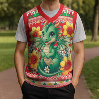 Wales Christmas Knitted V-Neck Vest Cute Green Welsh Dragon and Daffodils - Wonder Print Shop