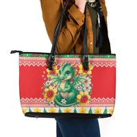 Wales Christmas Leather Tote Bag Cute Green Welsh Dragon and Daffodils - Wonder Print Shop