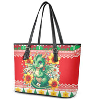 Wales Christmas Leather Tote Bag Cute Green Welsh Dragon and Daffodils - Wonder Print Shop