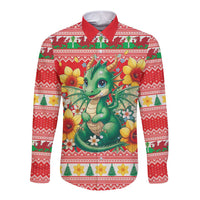 Wales Christmas Long Sleeve Button Shirt Cute Green Welsh Dragon and Daffodils - Wonder Print Shop