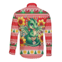 Wales Christmas Long Sleeve Button Shirt Cute Green Welsh Dragon and Daffodils - Wonder Print Shop
