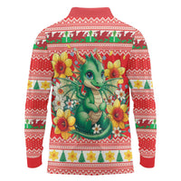 Wales Christmas Long Sleeve Polo Shirt Cute Green Welsh Dragon and Daffodils - Wonder Print Shop