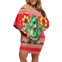 Wales Christmas Off Shoulder Short Dress Cute Green Welsh Dragon and Daffodils - Wonder Print Shop
