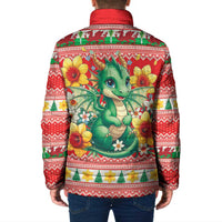 Wales Christmas Padded Jacket Cute Green Welsh Dragon and Daffodils - Wonder Print Shop
