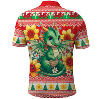 Wales Christmas Polo Shirt Cute Green Welsh Dragon and Daffodils - Wonder Print Shop